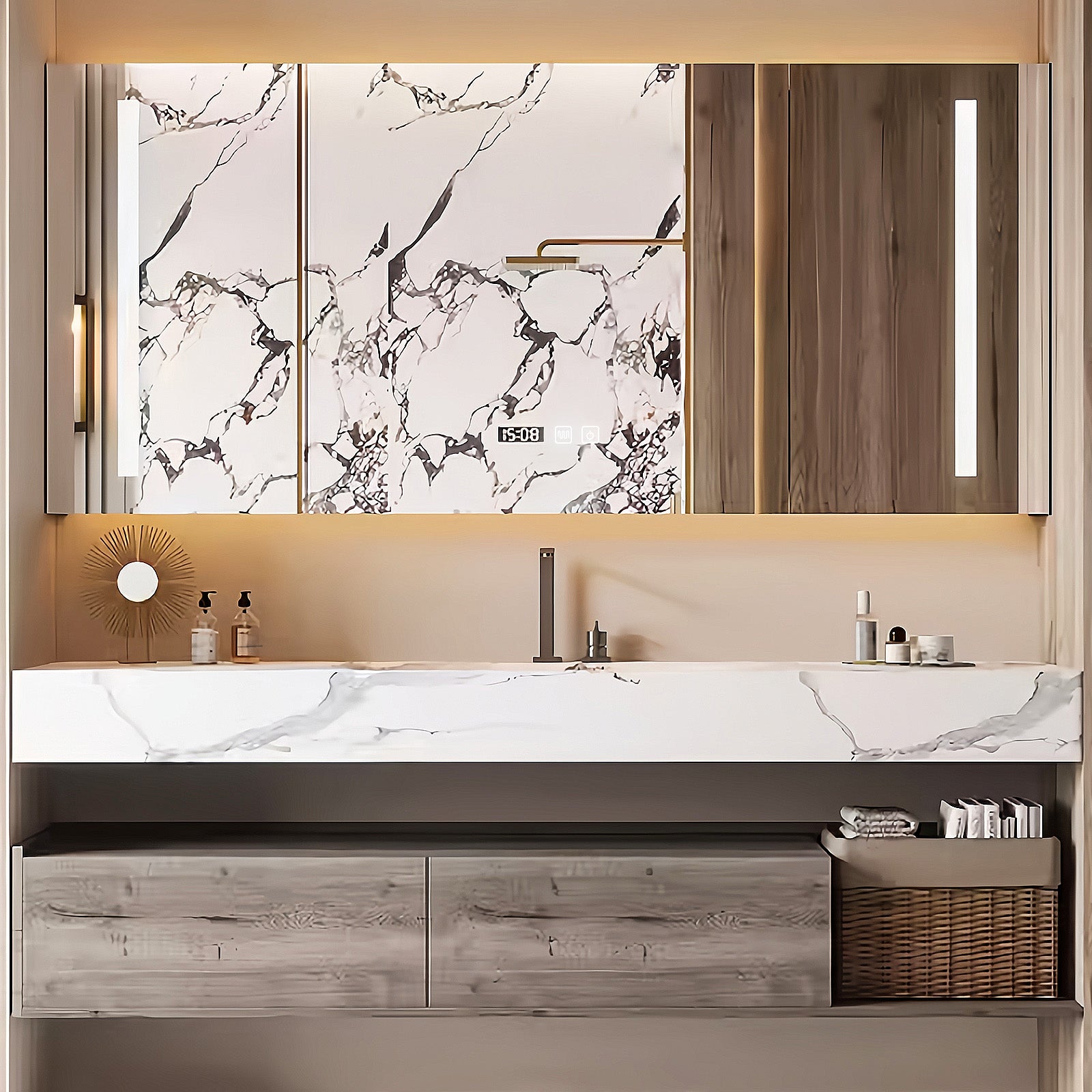 44"-64" Wall Mounted Bathroom Vanity With Single Sink And Smart Led Mirror Cabinet