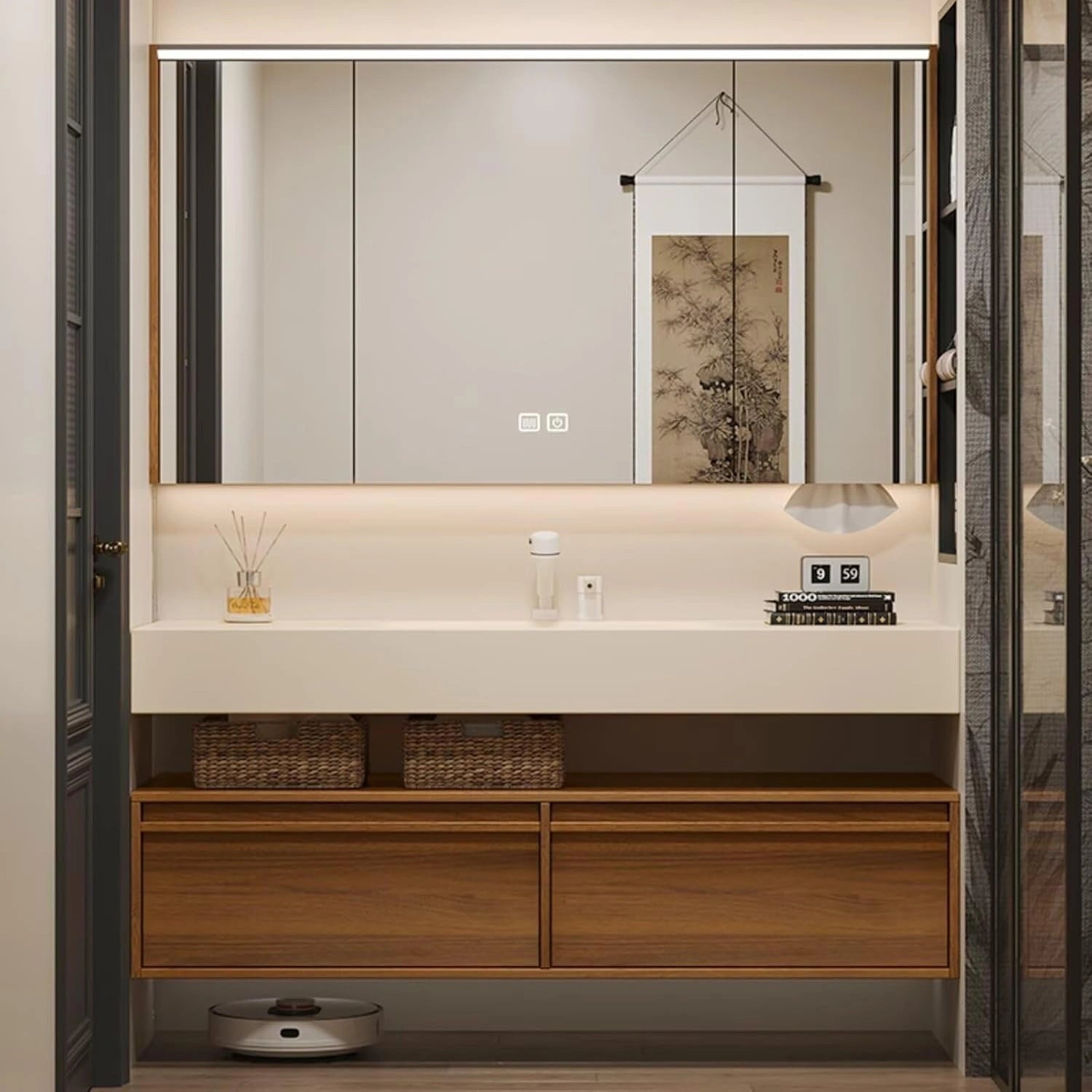 48” - 64” Wood Grain Bathroom Vanity with Rock Slab Integrated Sink