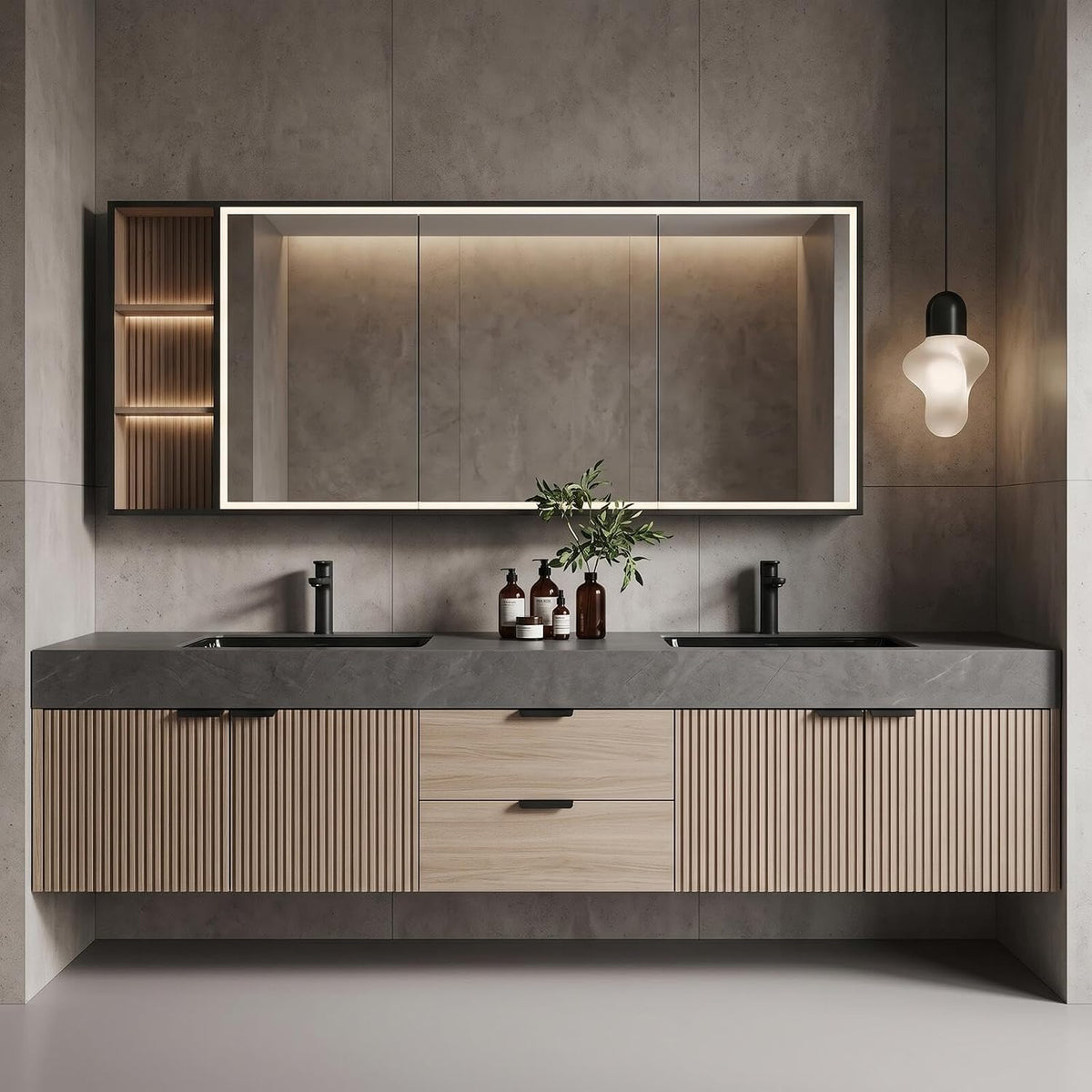 64''-110'' Vintage Bathroom Vanity with Double Sink Includes Grey Sintered Stone