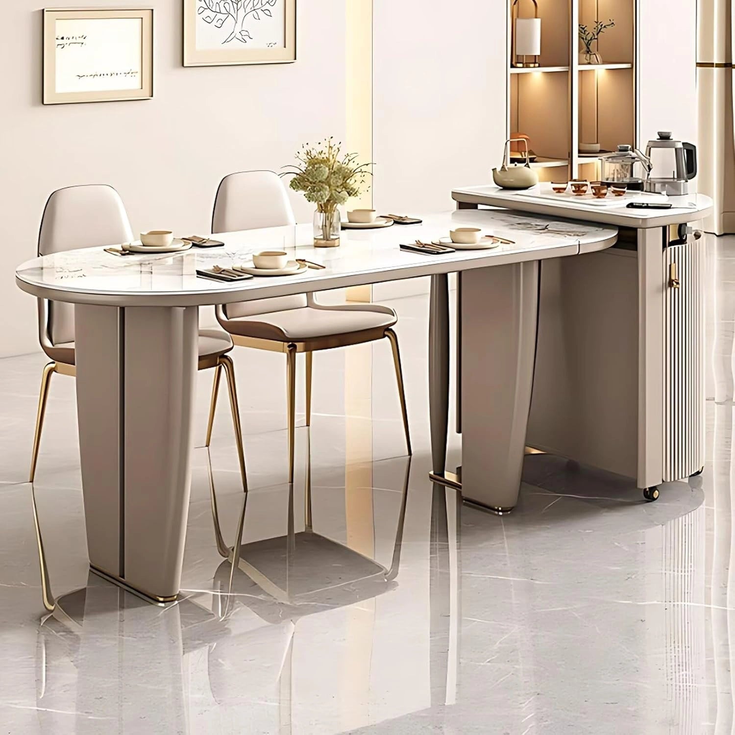 84” - 92” Practical Beige Kitchen Island Includes Wheels & Folding Table (No Chair)