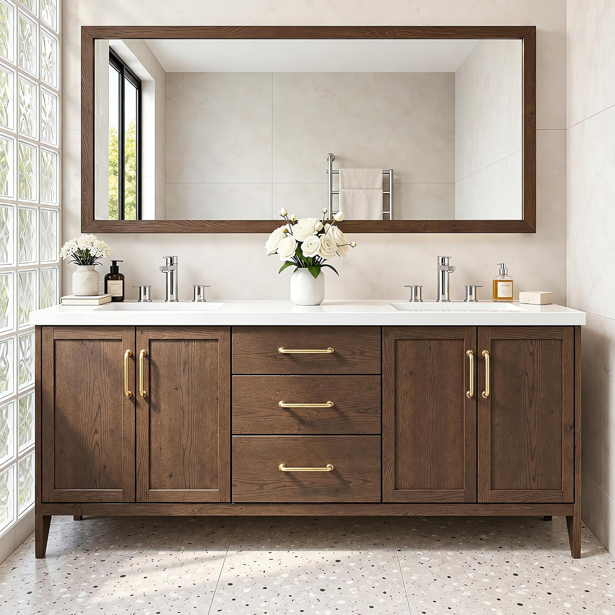 52''-110'' Freestanding Double Sink Bathroom Vanity with White Countertop,Ample Storage