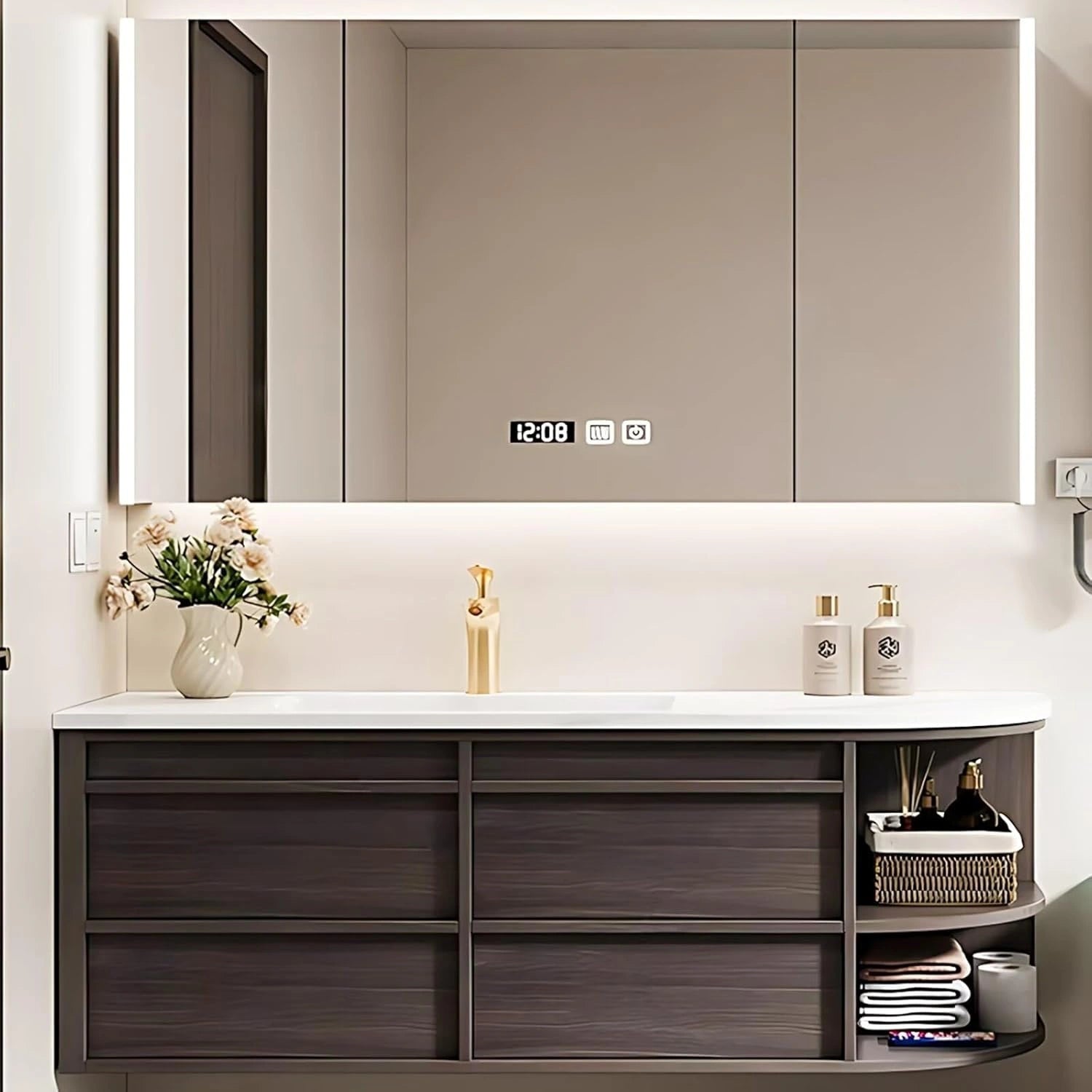 40” - 60” Brown Wood Bathroom Vanity with Open Storage Rack & Integrated Basin