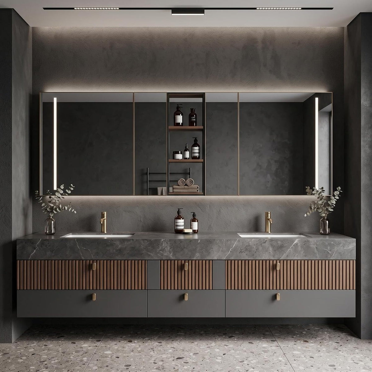 52''-110'' Floating Bathroom Vanity with Sinks Inlcudes Drawer Storage,Gray Sintered Stone Top