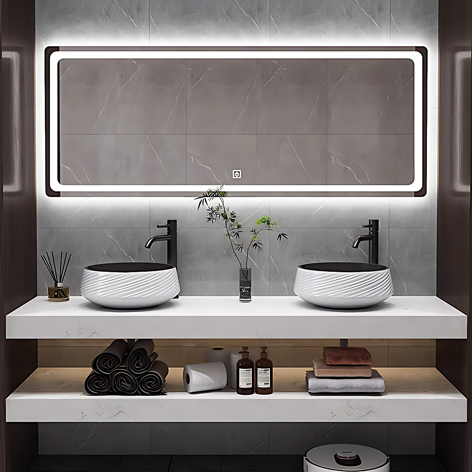 52"- 78" Wall Mounted Double Ceramic Sink With Led Smart Mirror