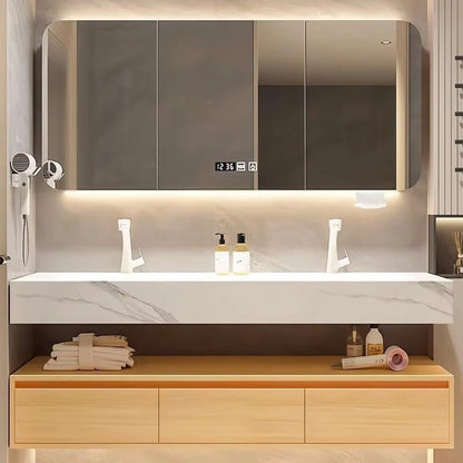 60” - 78” Modern Log Bathroom Vanity with Double Sinks Includes Rock Slab Integrated Sink