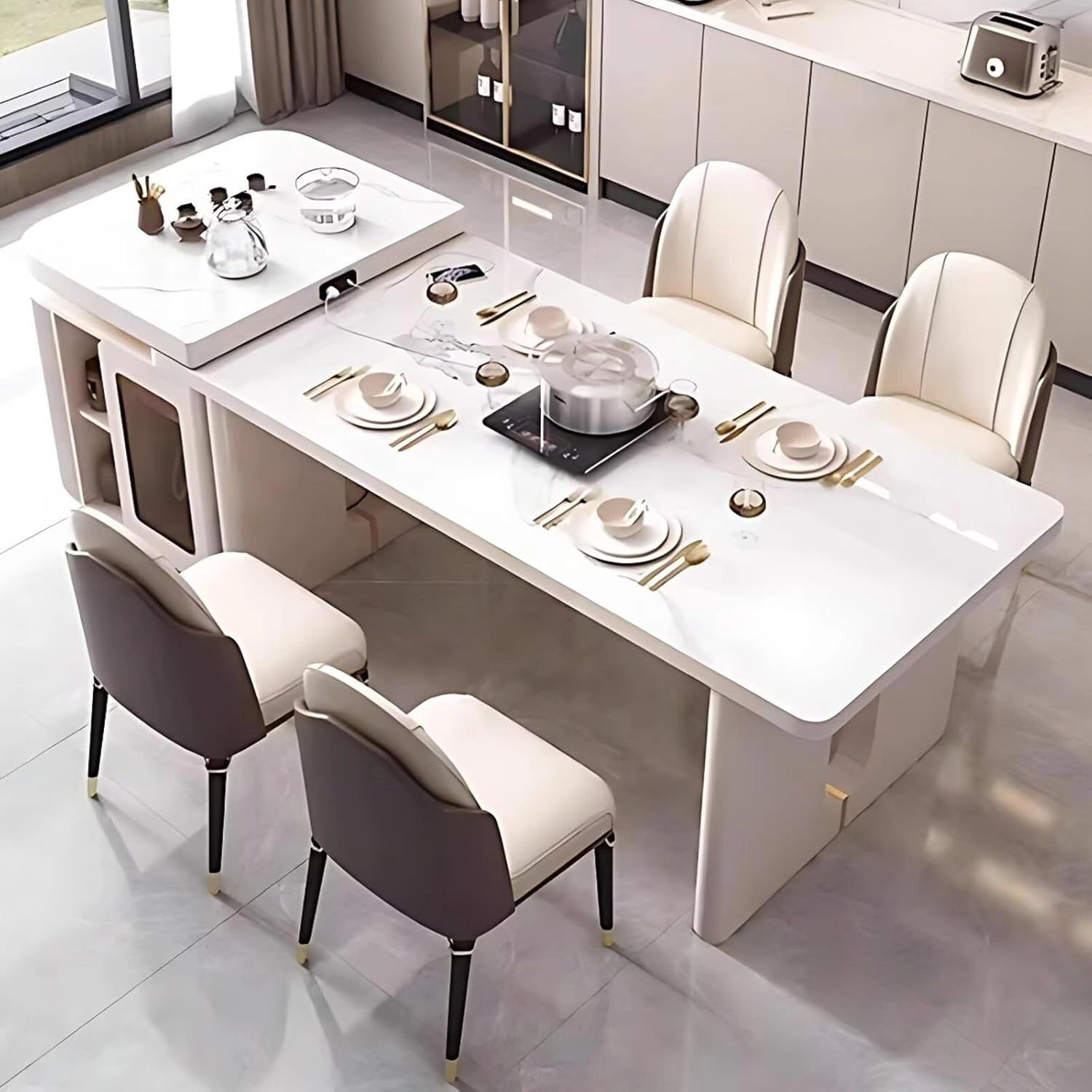 67” - 95” White Kitchen Island Includes Patterned Table Top & Classified Storage Space (No Chair)