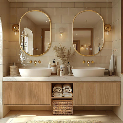 68” - 96” Simple Cozy Bathroom Vanity with Irregular Mirror & Open Storage Rack