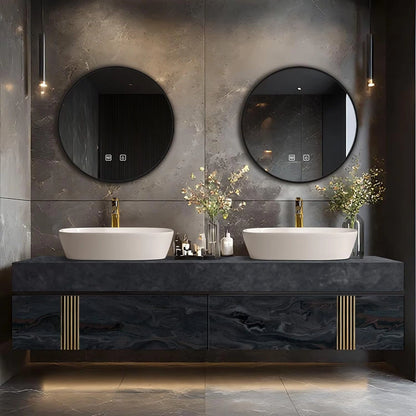 60” - 78” Sophisticated Bathroom Vanity with Symmetrical Gold Line Storage Cabinet