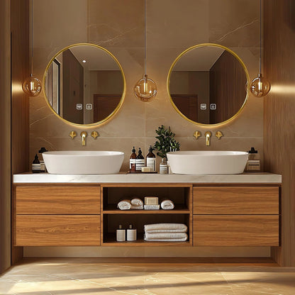 60” – 96” Natural Floating Bathroom Vanity Includes Open Storage Rack & Patterned Countertop
