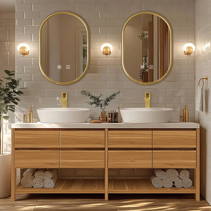 60” – 96” Natural Bathroom Vanity with Hidden Door Handle & Double Sinks