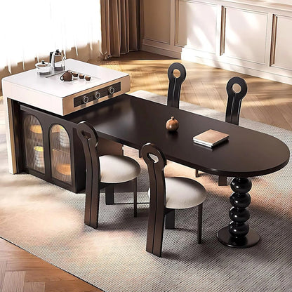 98” - 106” Black Elegant Kitchen Island with Visual Stripe Glass Cabinets Door (No Chair)