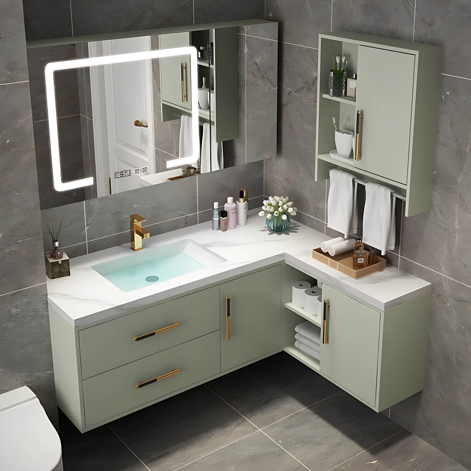 36"- 40" Modern Green Bathroom Vanity Set with Marble Countertops LED Mirror and Cabinets