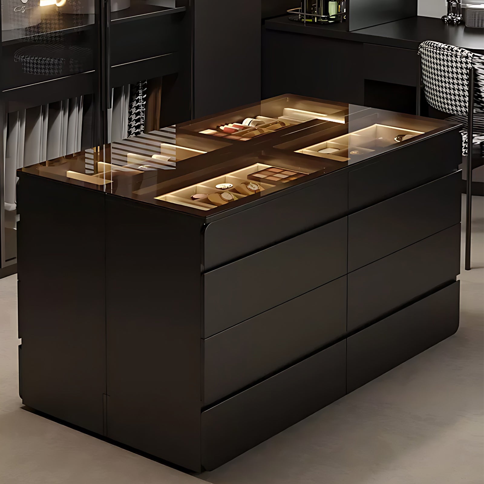 39-55' Black Glass-Top Walk-In Closet Island Dresser & Chest Jewelry S ...