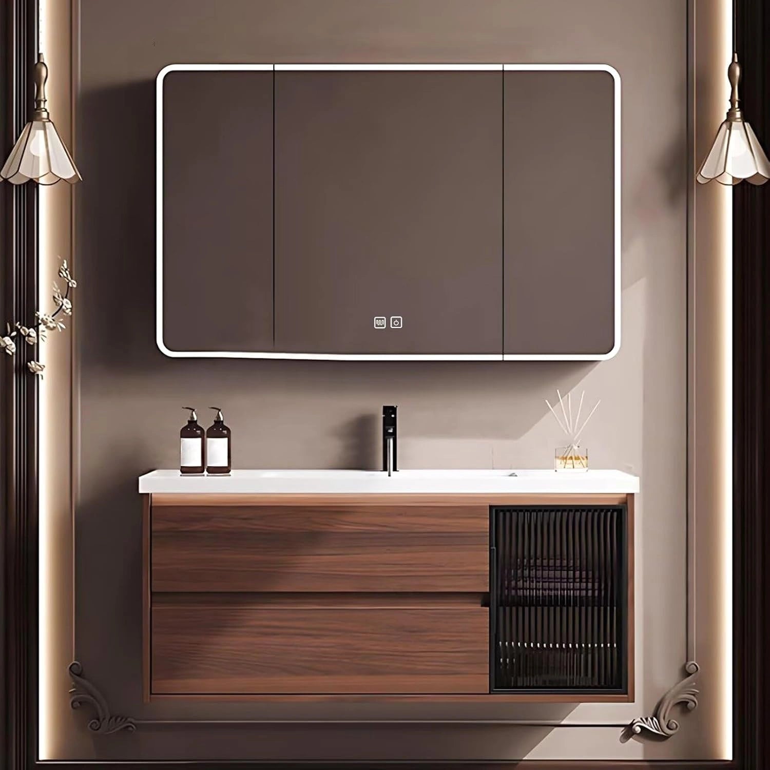 40” – 48” Medieval Bathroom Vanity Includes Striped Embossed Glass Door Cabinet