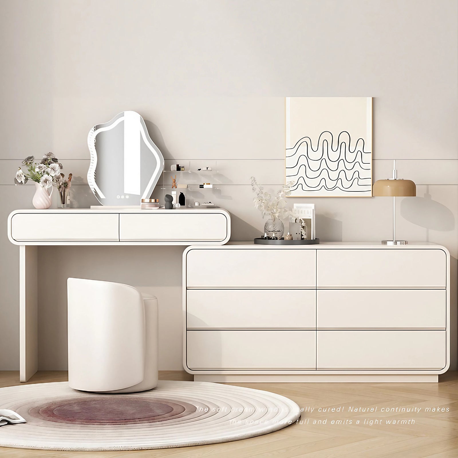 Modern Creamy Makeup Vanity Set with Led-Mirror and Stool