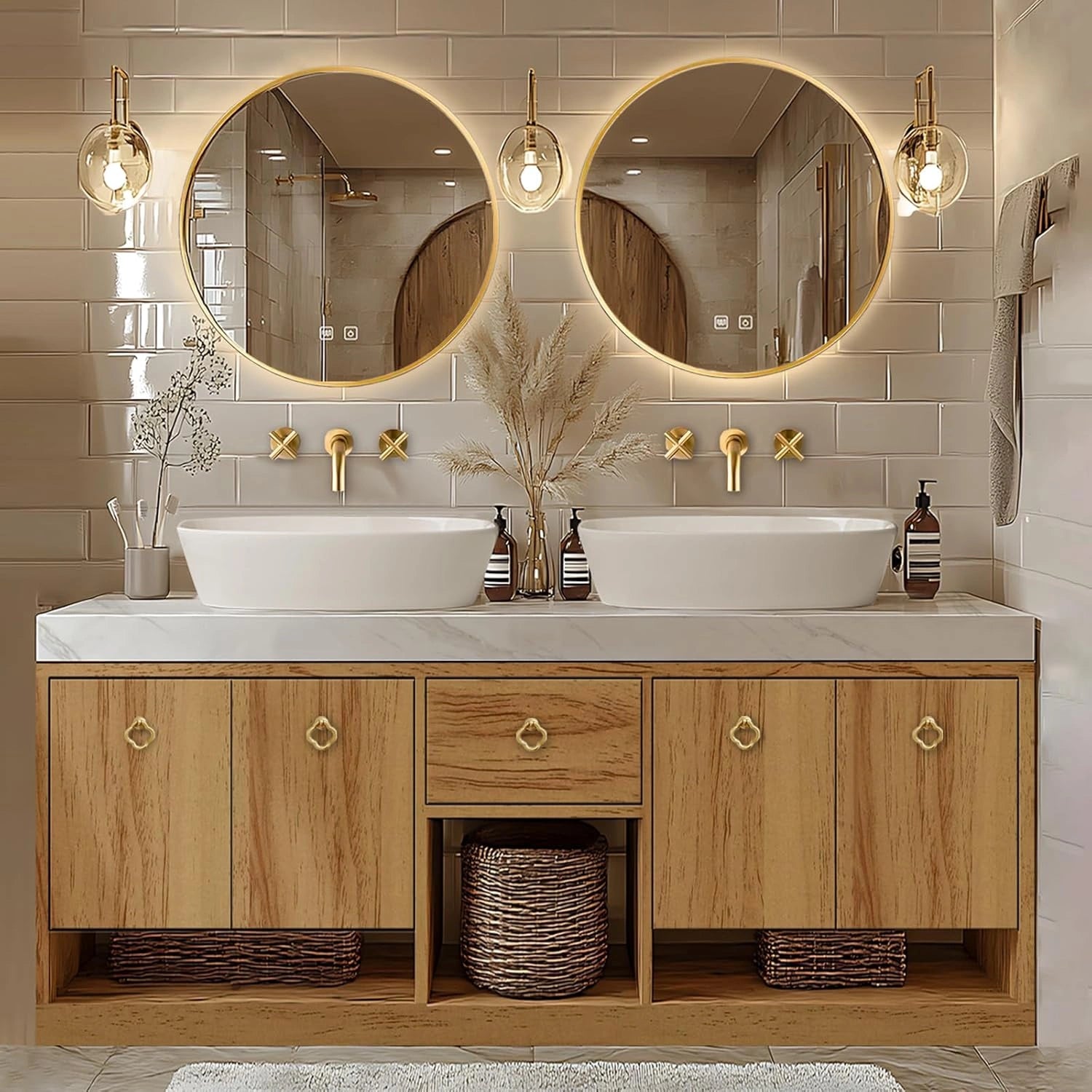 72” - 96” Retro Log Bathroom Vanity with Open Storage Rack