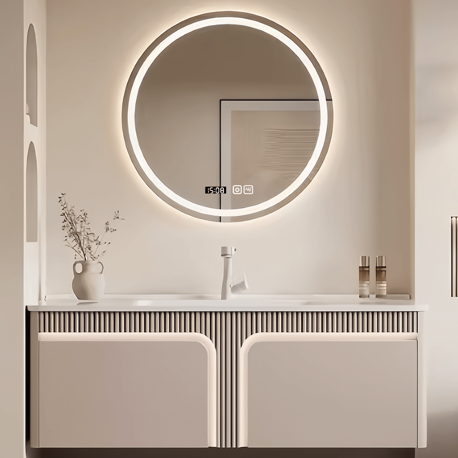 36"- 64" Single White Bathroom Vanity Set with Round Mirror and Sink