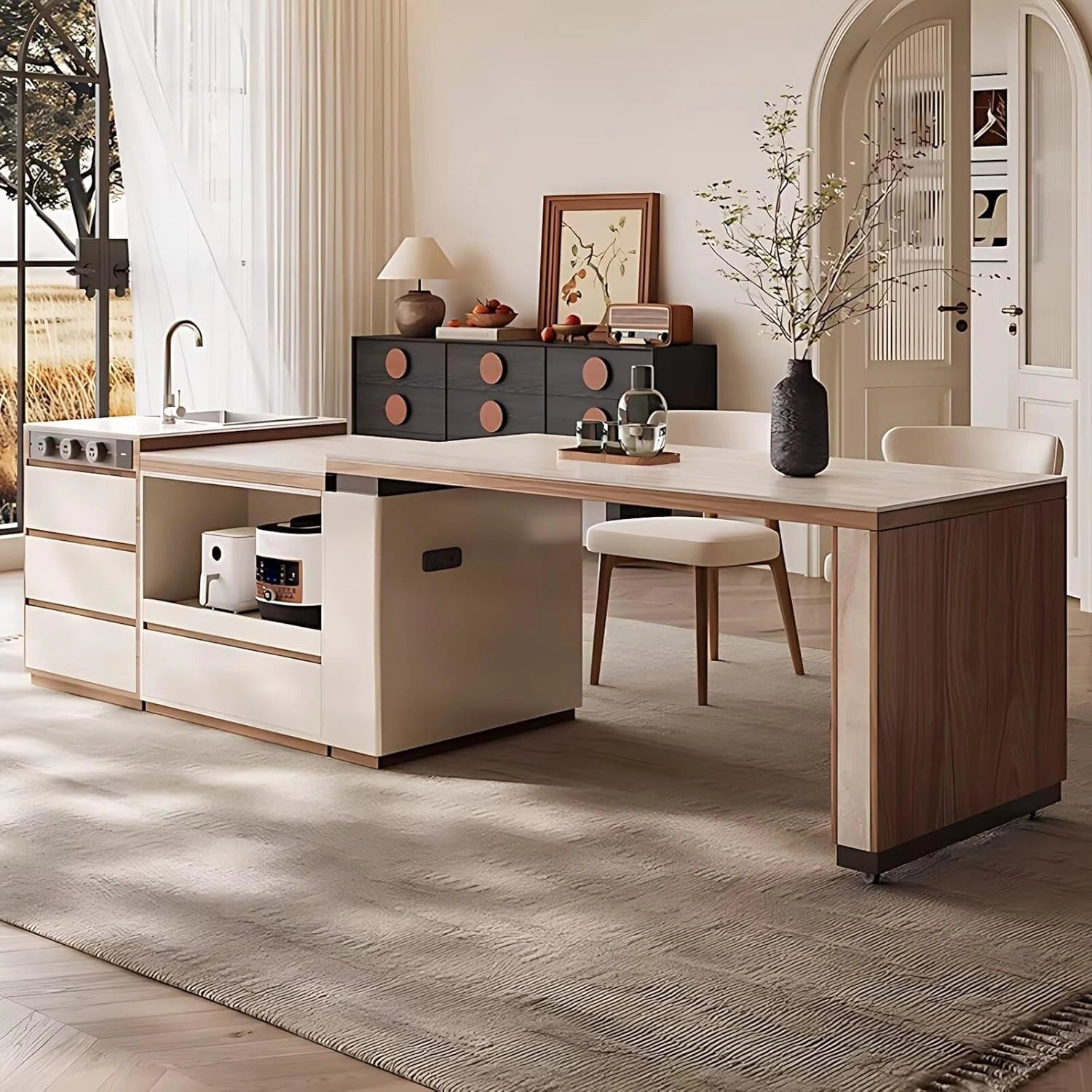 67” – 93” Simple Beige Kitchen Island Includes Retractable and Liftable Design