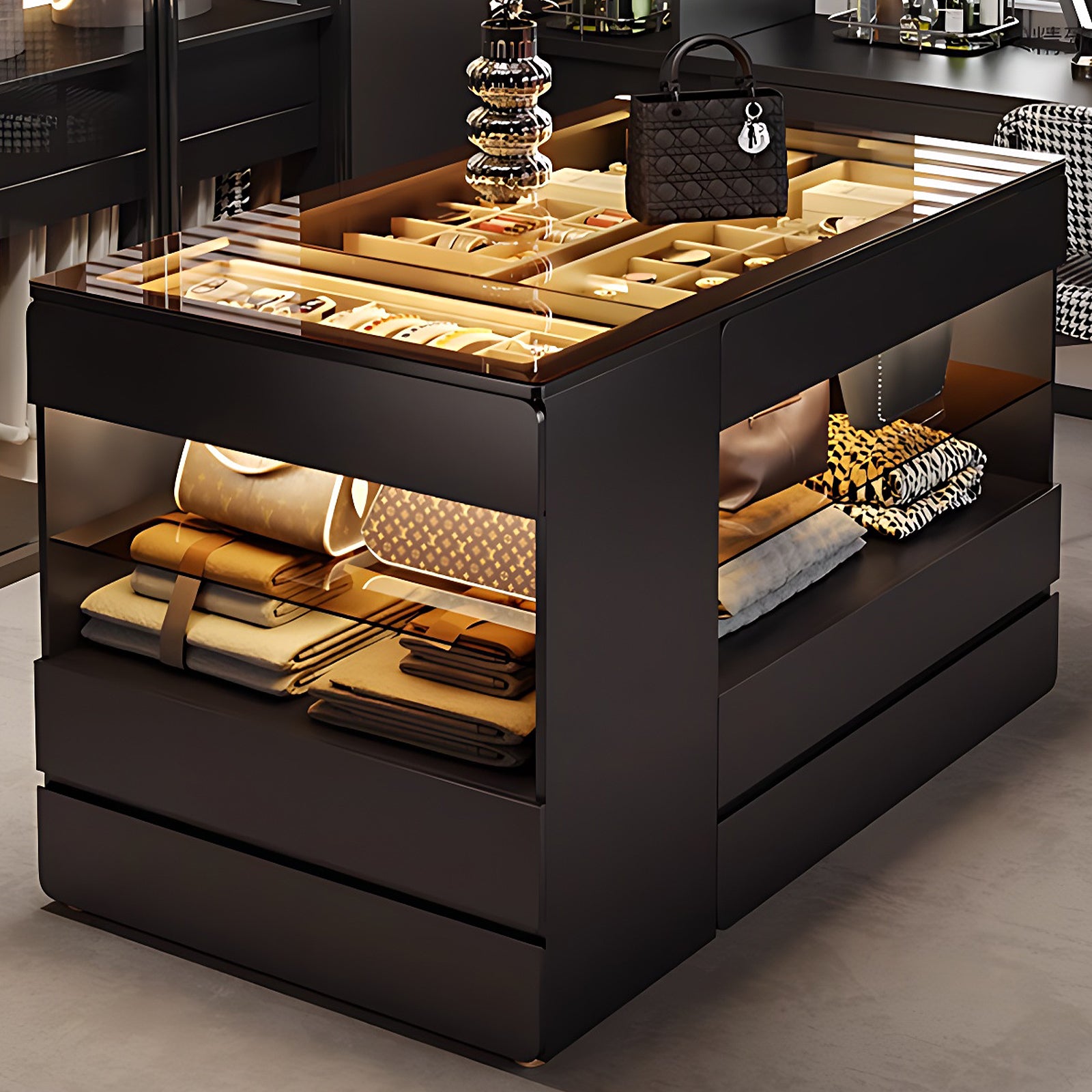 Luxurious Closet Island With Glass Top And Jewelry Storage,Black Simple Style