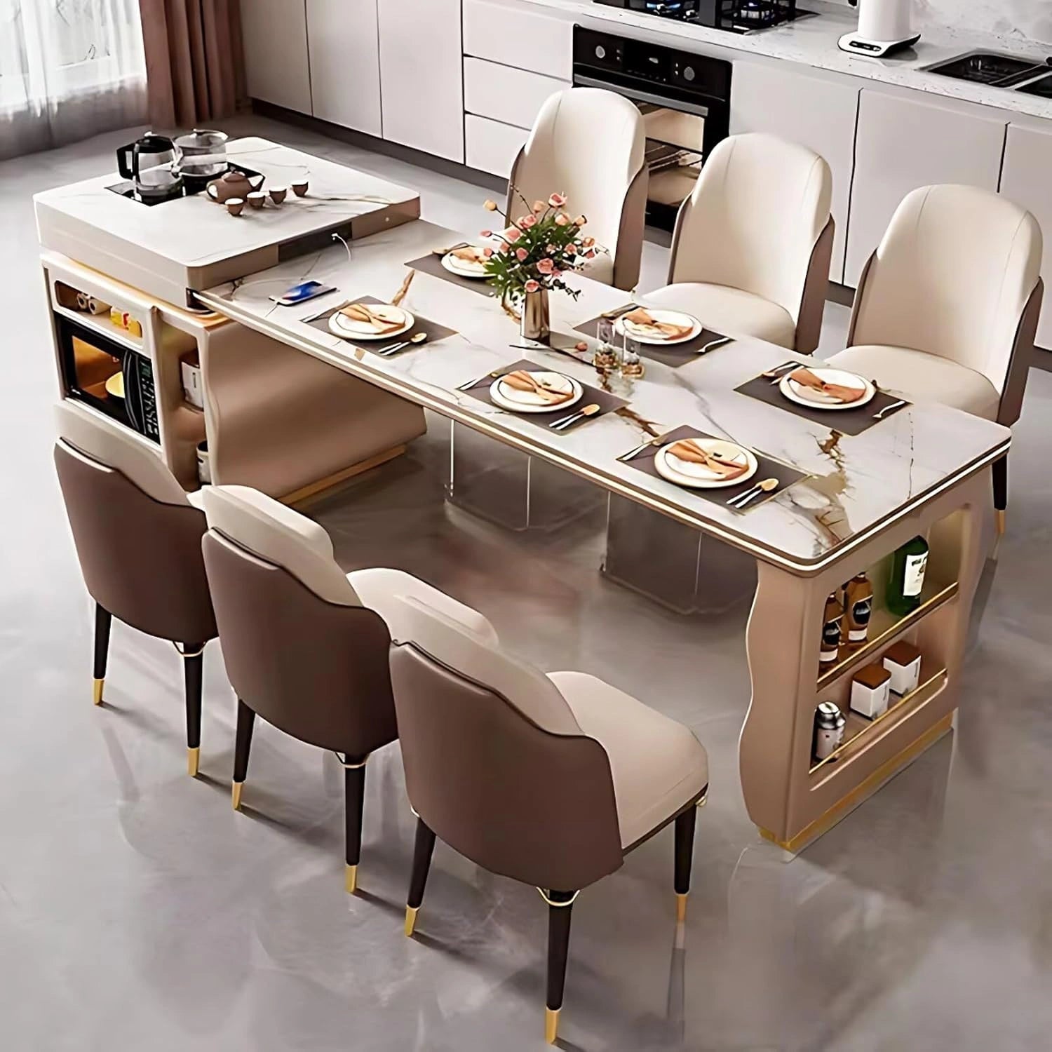 87” Modern Luxury Kitchen Island with Retractable Dining Table (No Chair)