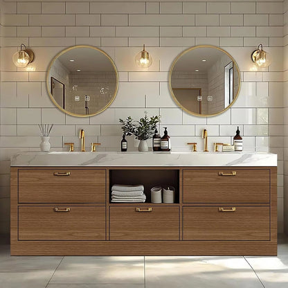 68” – 96“ Simple Freestanding Bathroom Vanity with Rock Slab Integrated Sinks