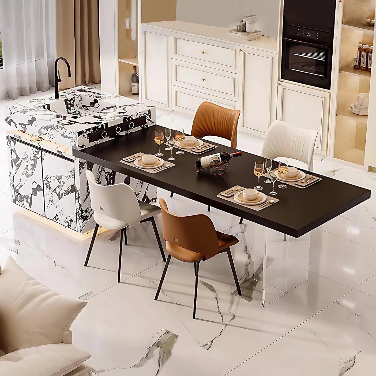 92” - 100” Modern Elegant Kitchen Island Includes Transparent Table Legs with Mood Light (No Chair)