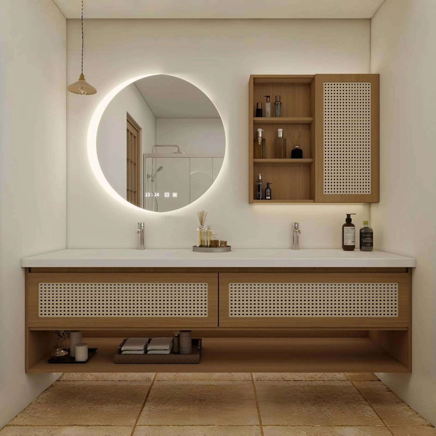 60” - 78” Japanese Simple Bathroom Vanity Includes Open Storage Rack & Hidden Handle