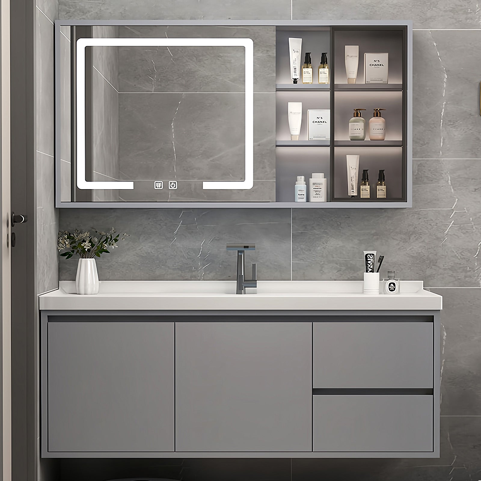 40"- 44" Wall Mounted Grey Vanity With Single Sink And Smart Led Mirror Cabinet