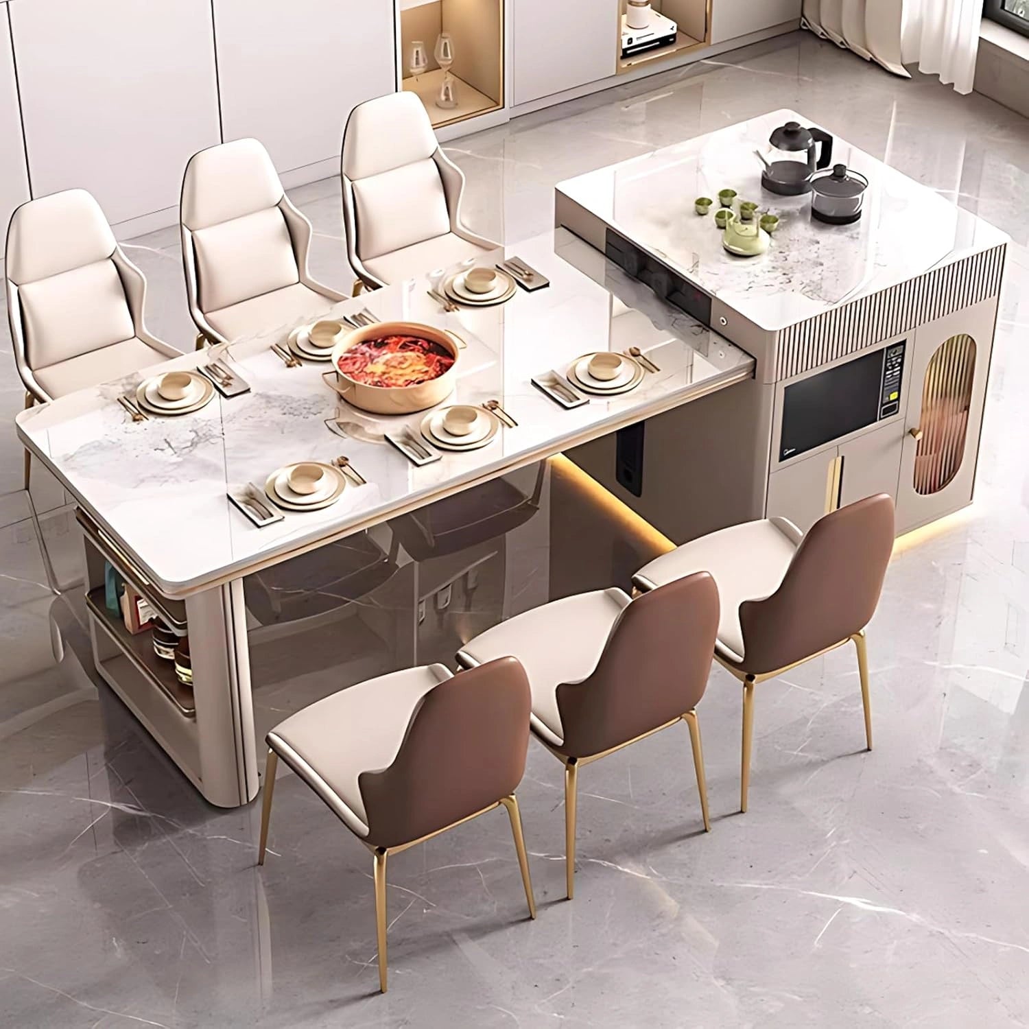 80.71” Light Luxury Kitchen Island Includes Open Shelf Design (No Chair)