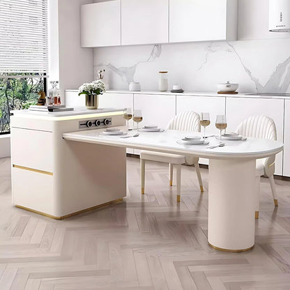 75” - 91” White Minimalist Kitchen Island Includes Cylindrical Base (No Chair)