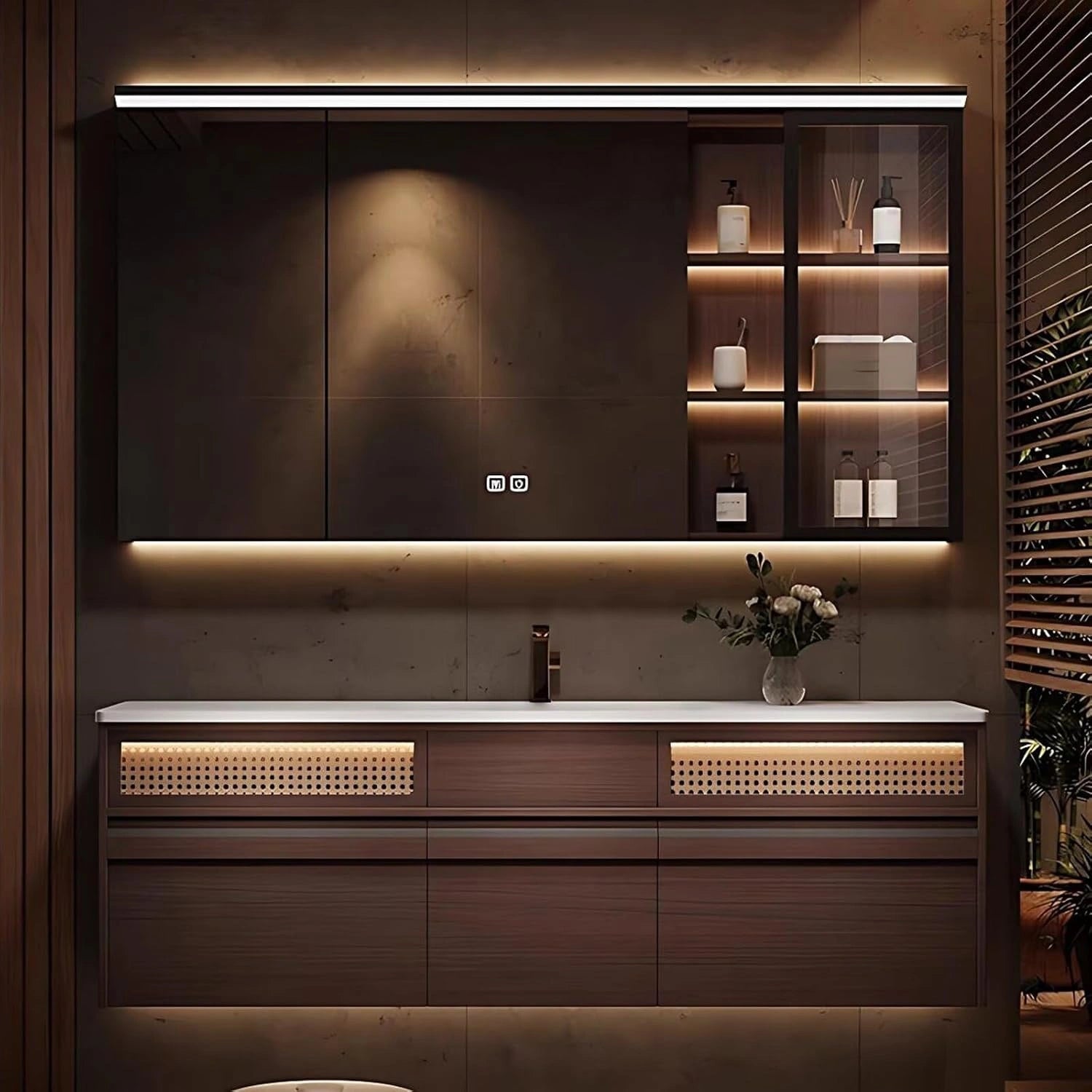 48” – 64” Unique Practical Bathroom Vanity with Double Sink and Glass Open Shelves