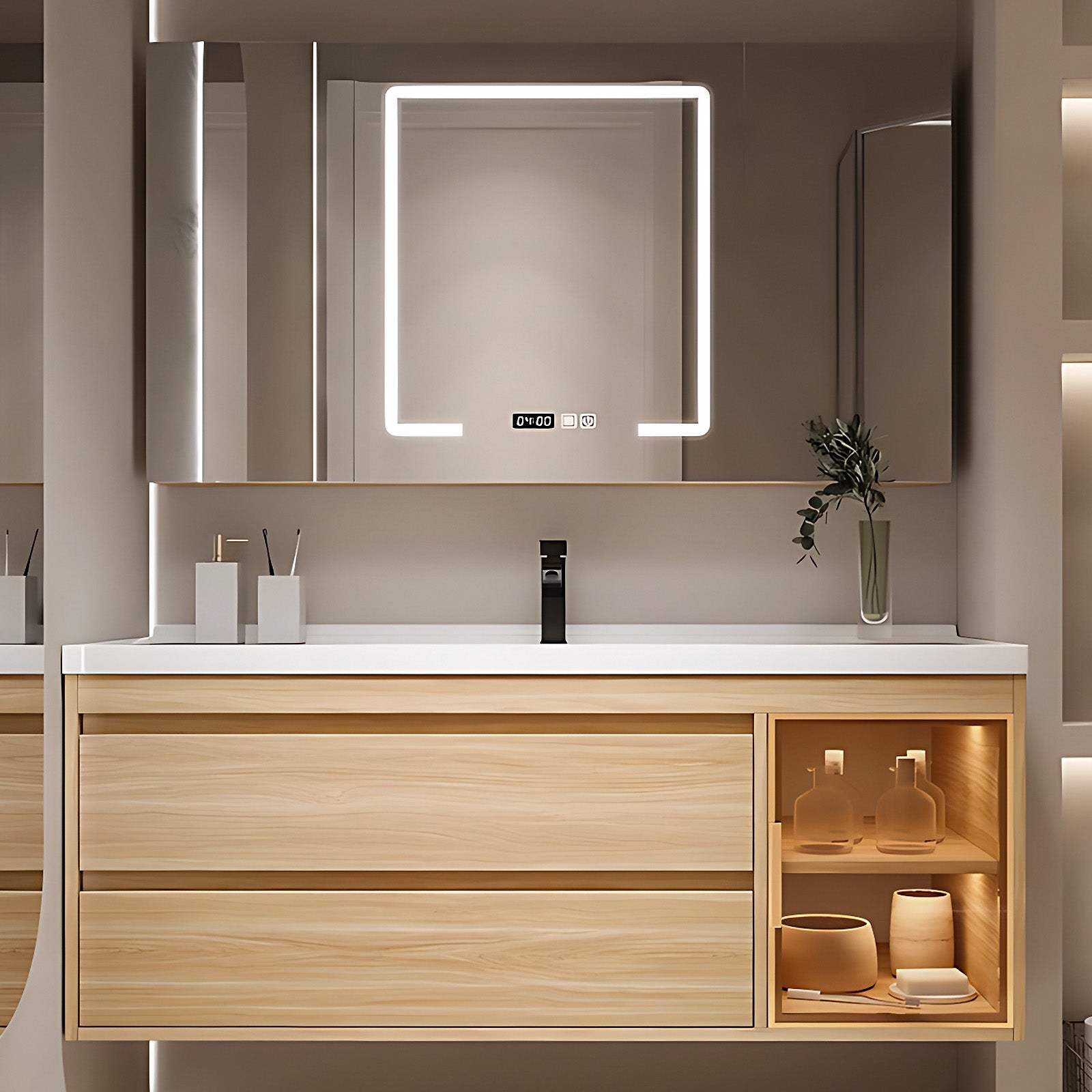 40"- 64" Single Basin And Sink Solid Wood Cabinet With LED Mirror Cabinet