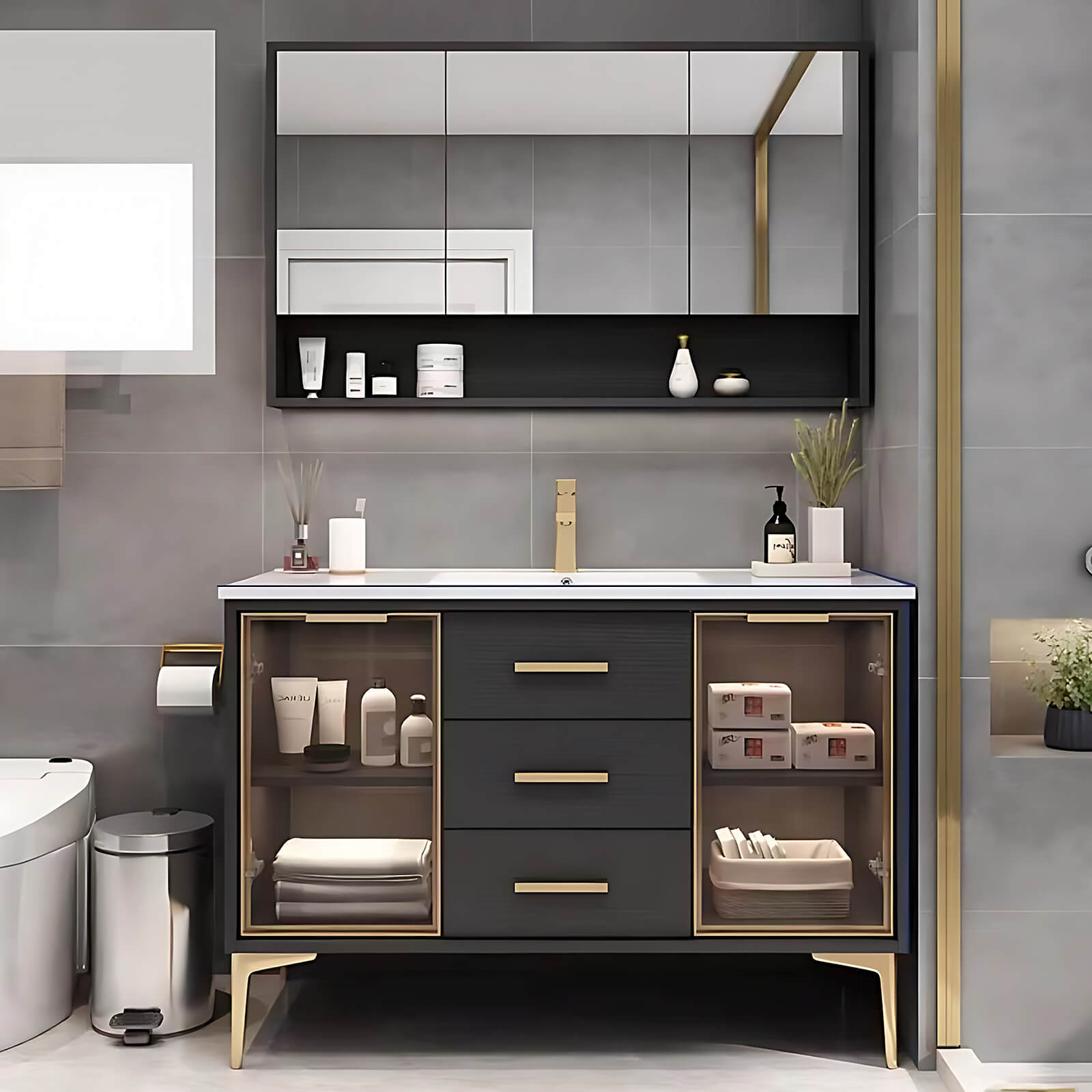 32"- 48" Bathroom Vanity with Glass Cabinet Doors and Multi-Layered Solid Wood Cabinets