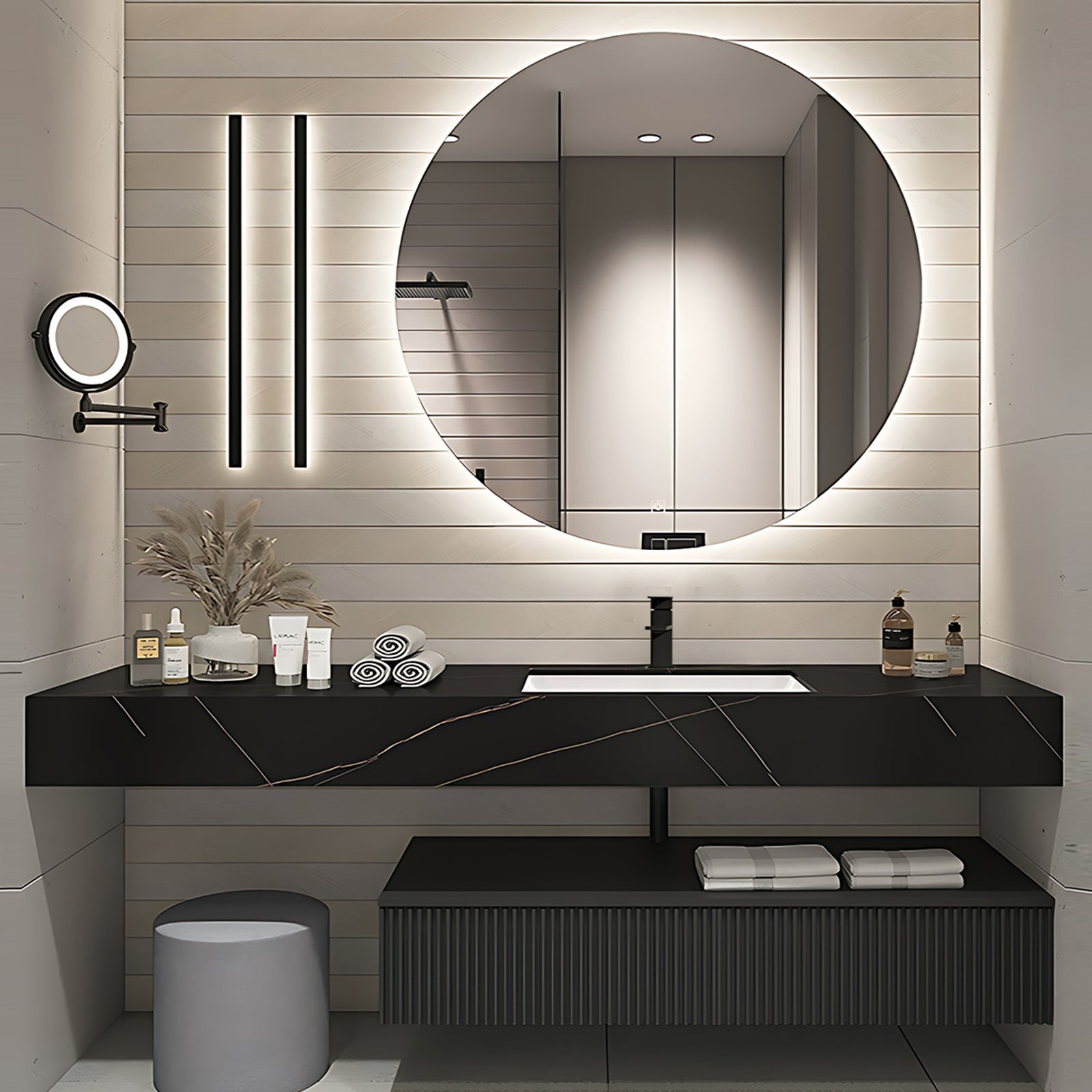 36"- 72" Black Bathroom Vanity with Sink and Smart Round Mirror