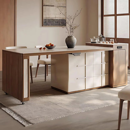 79” Light Beige Kitchen Island Includes Embedded Socket & Large Storage Space (No Chair)