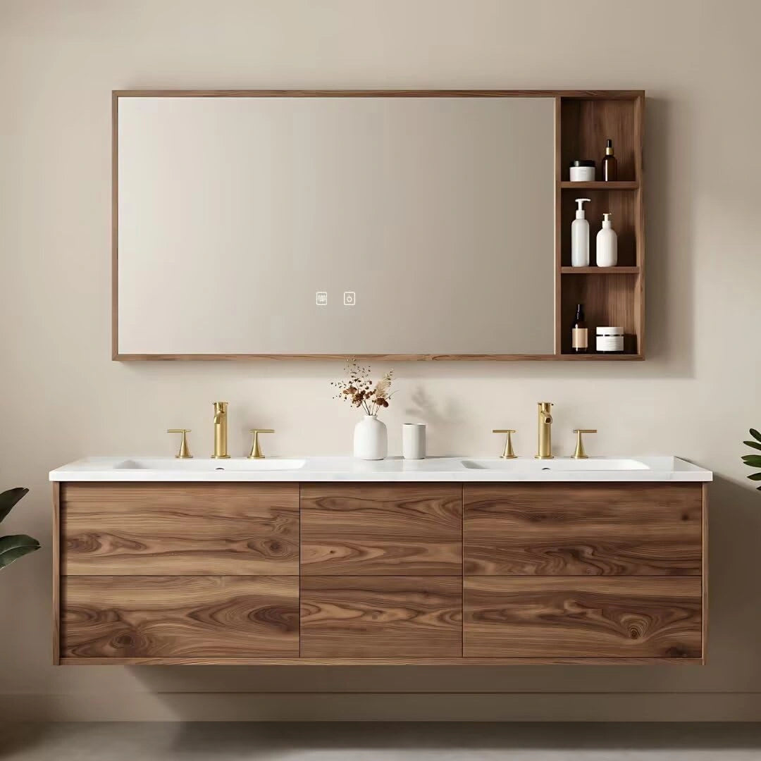 60” - 84” Minimalist Wood Bathroom Vanity with Open Storage Rack