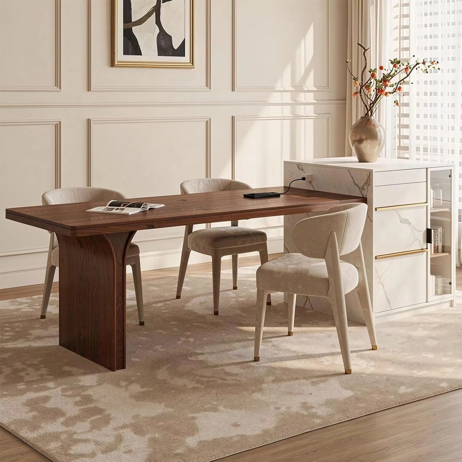 75” Elegant Natural Kitchen Island with Walnut & Marble Material