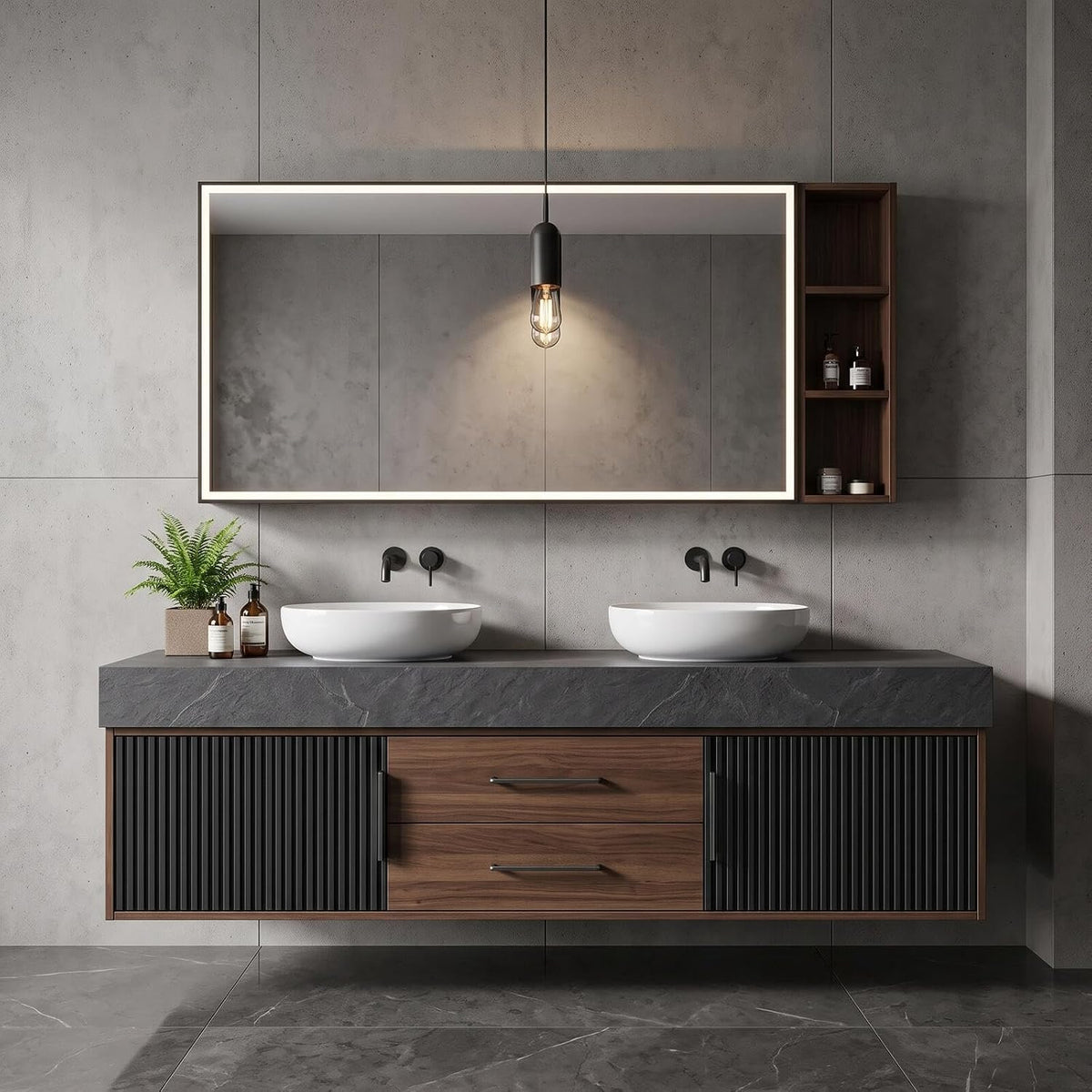 52‘’-110‘’ Floating Bathroom Vanity with Sink  Includes Walnut Drawer Accents