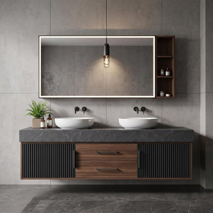 52‘’-110‘’ Floating Bathroom Vanity with Sink  Includes Walnut Drawer Accents