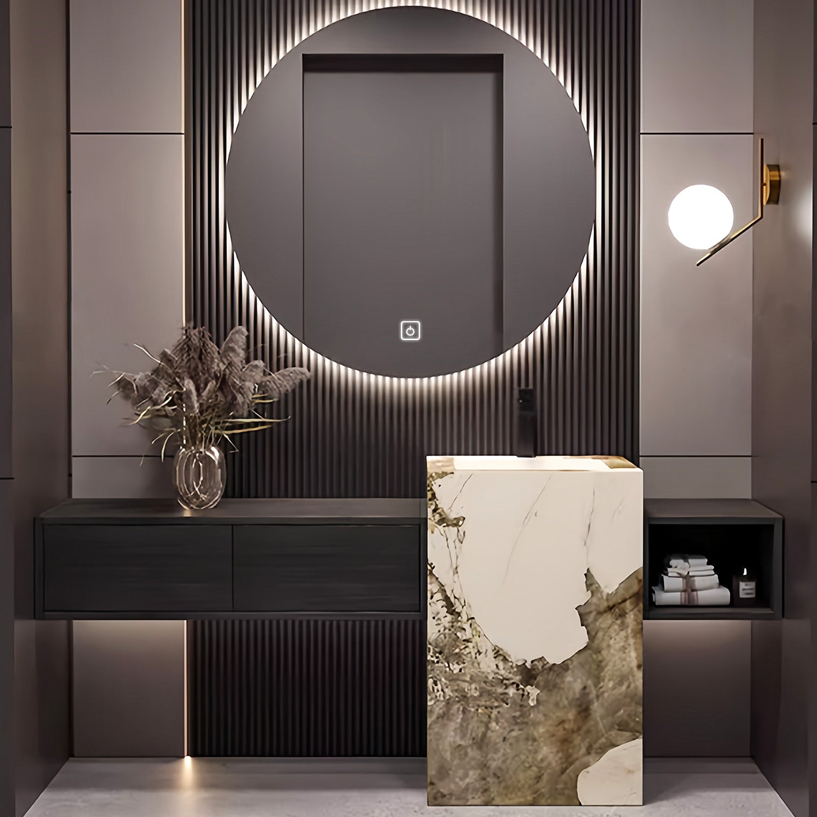 52"- 72" Round Mirror With LED Lighting And Black color Single Basin And Sink