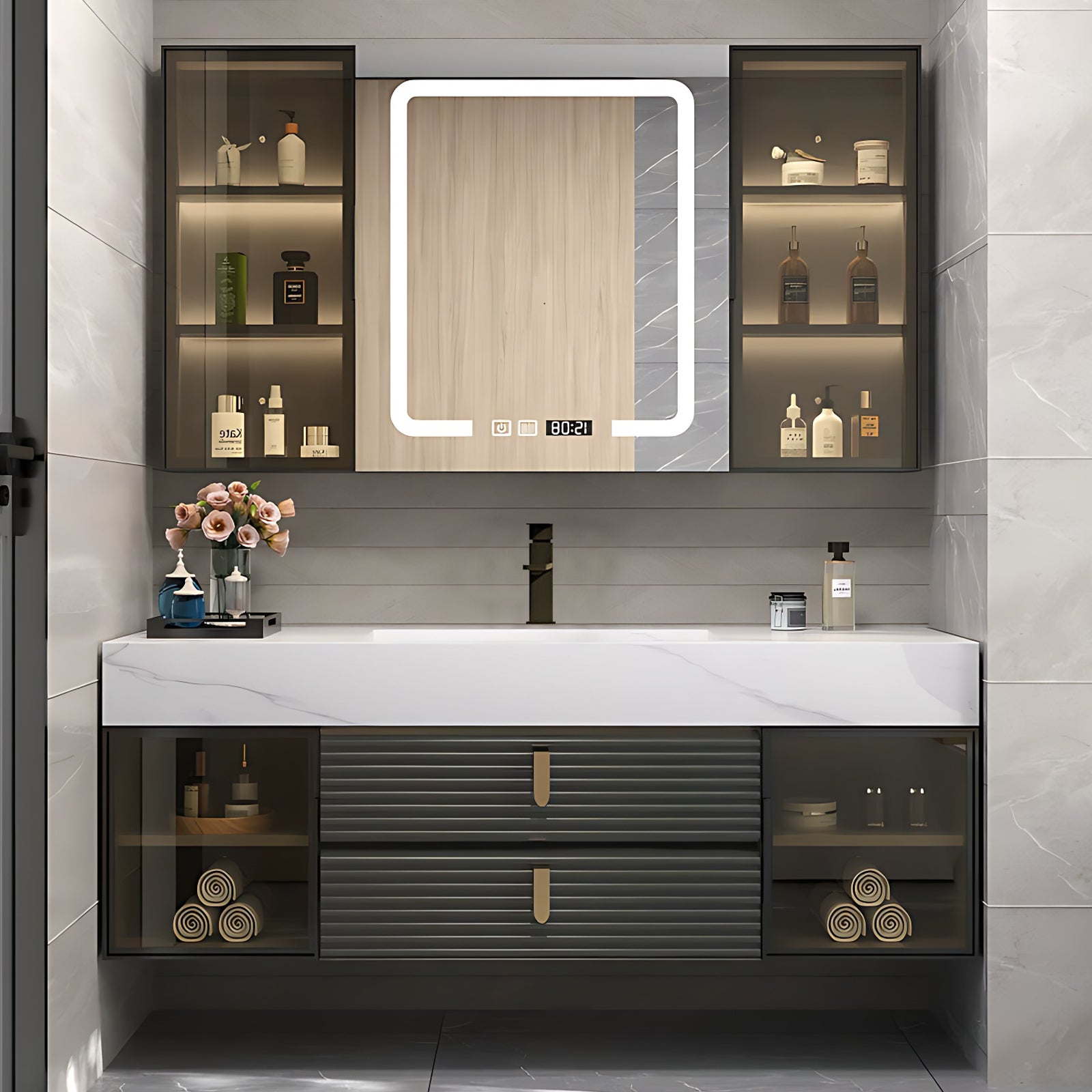 40"- 56" Floating Bath Cabinet Set with Mirror Cabinet and Sink