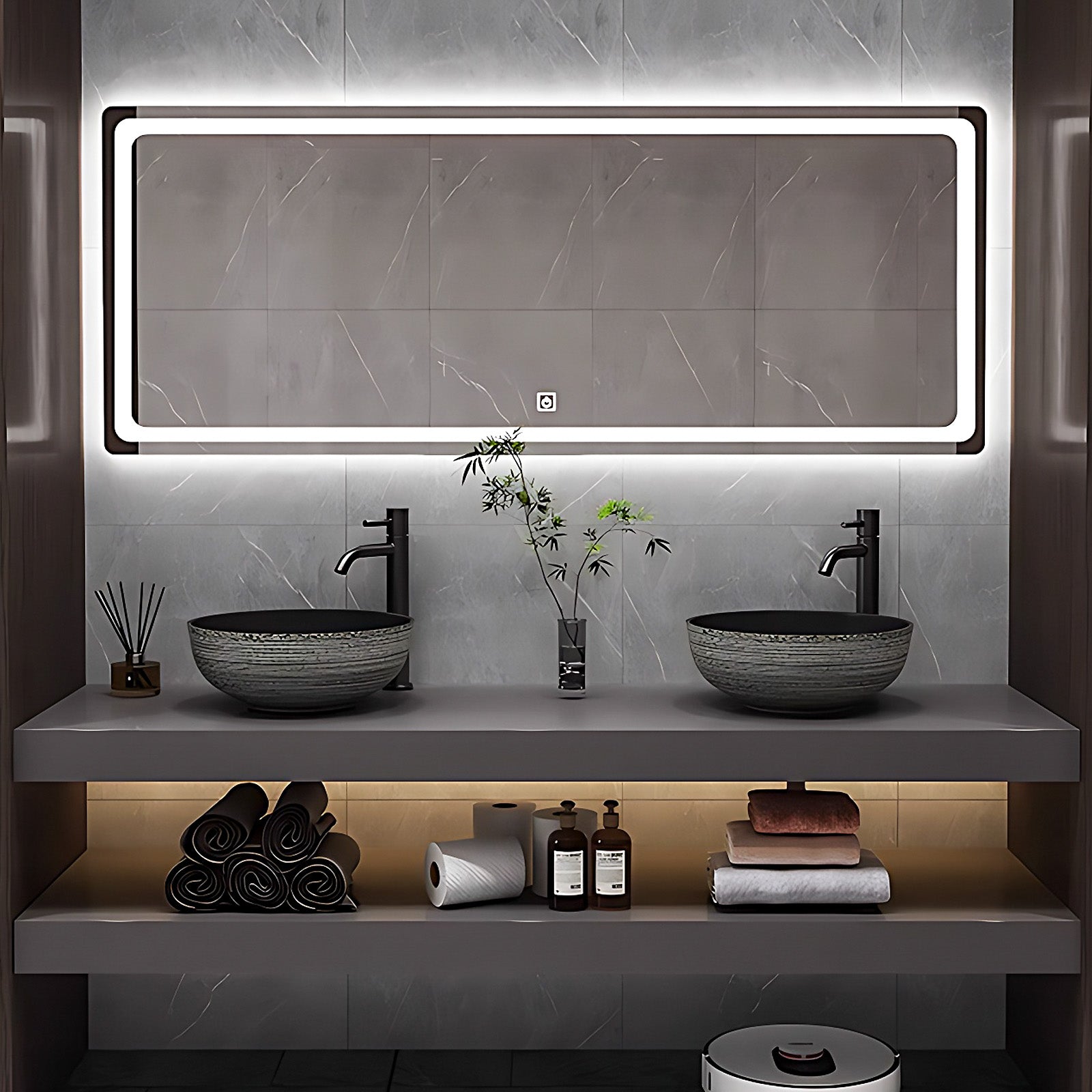 52"- 78" Wall Mounted Double Ceramic Sink With Led Smart Mirror