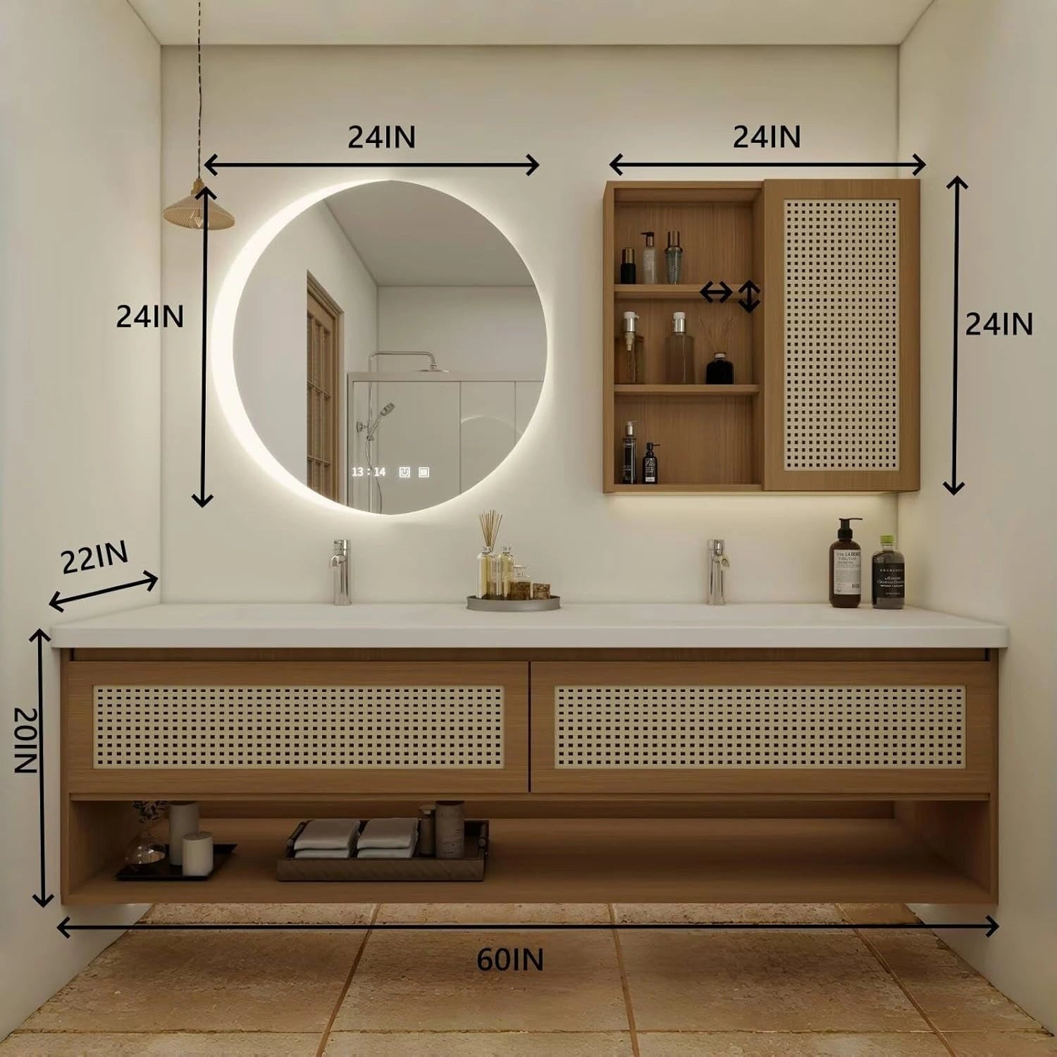 60” - 78” Japanese Simple Bathroom Vanity Includes Open Storage Rack & Hidden Handle