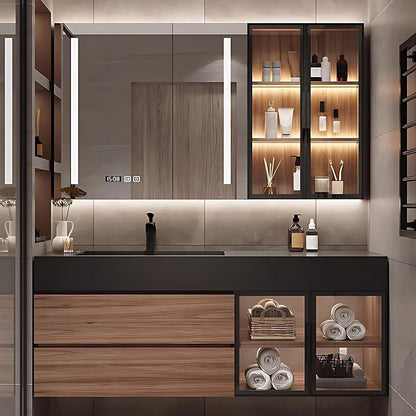 60” Brown Bathroom Vanity IMarble Slate Sink & Additional Side Cabinets