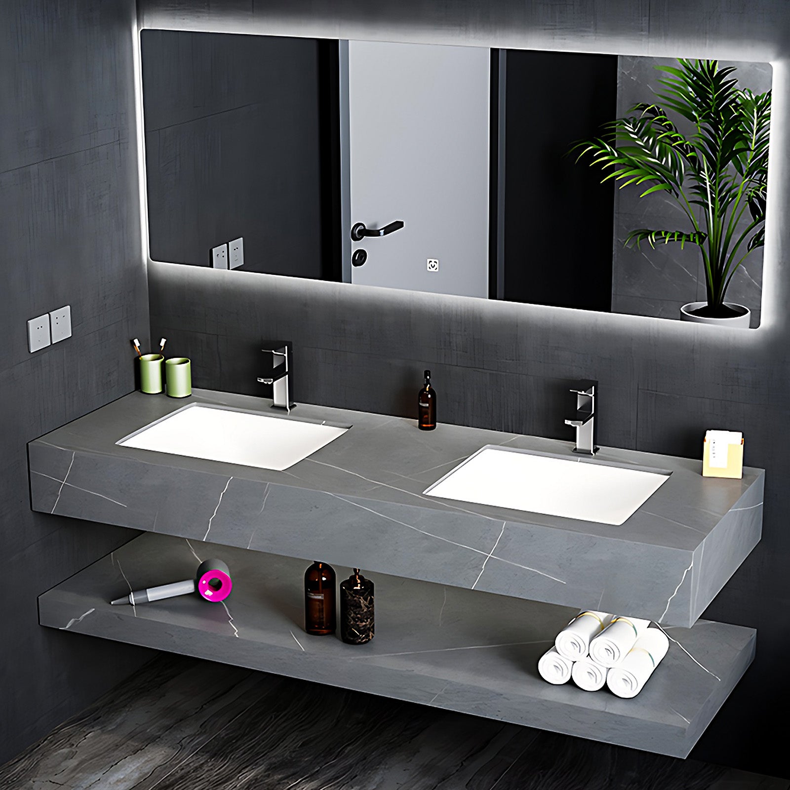 52"- 78" Open Storage Bathroom Vanity Set with LED Mirror and Double Ceramic Sink