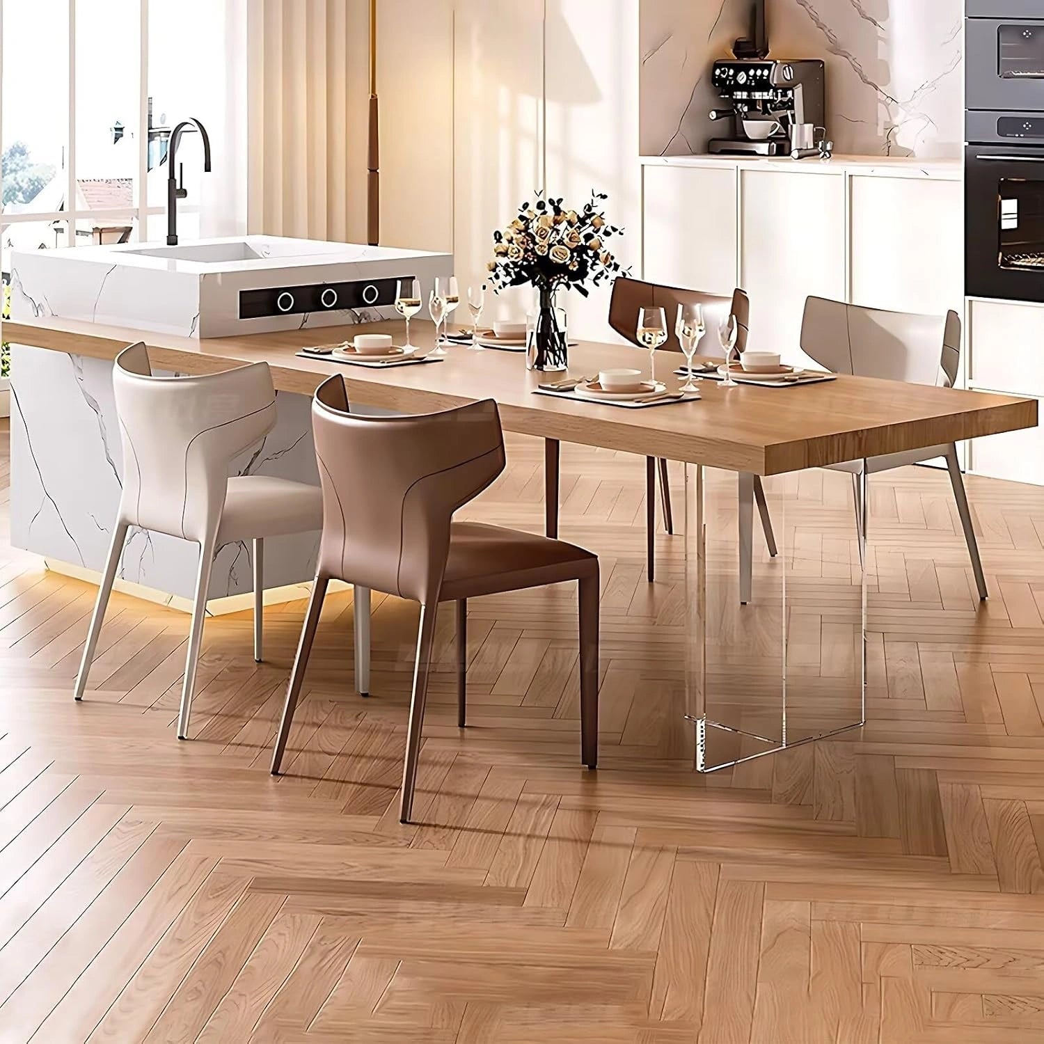 92” - 100” Simple Natural Kitchen Island Includes White Patterned Platform (No Chair)