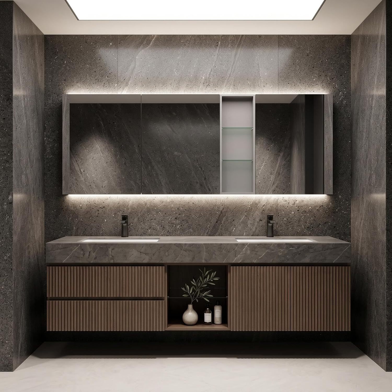 52''-110'' Floating Modern Bathroom Vanity with Double Sinks Includes Open Center Shelf