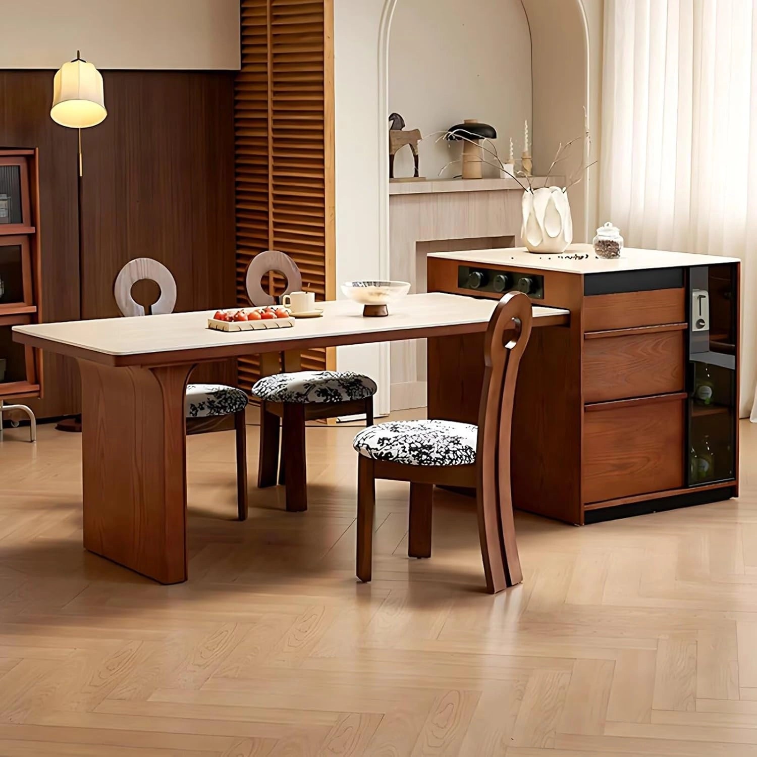 72” - 88” Medieval Kitchen Island Includes Glass Cabinet & Modular Socket (No Chair)