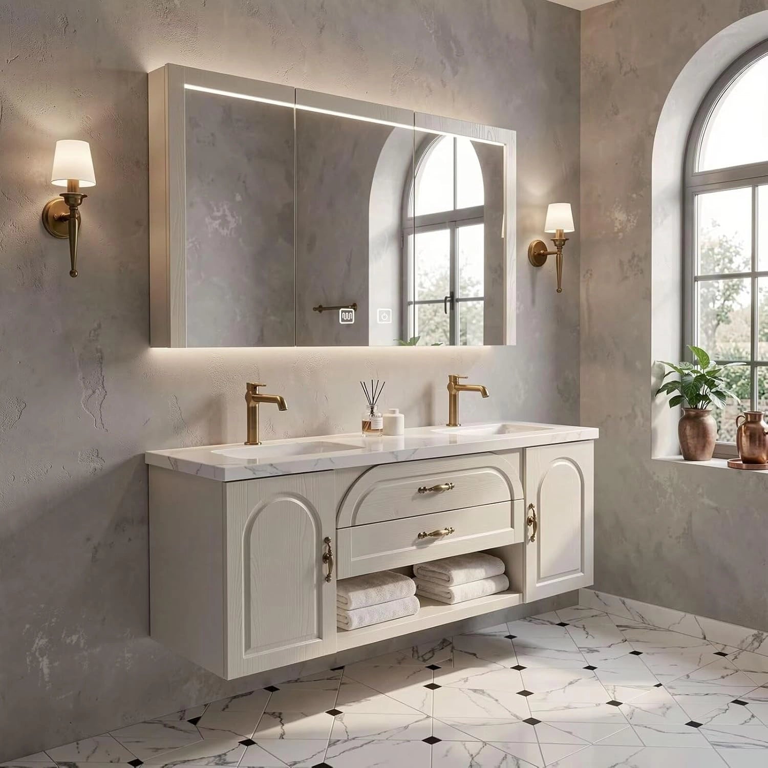 60” - 84” Modern Wood Bathroom Vanity with Large Smart Mirror Cabinet