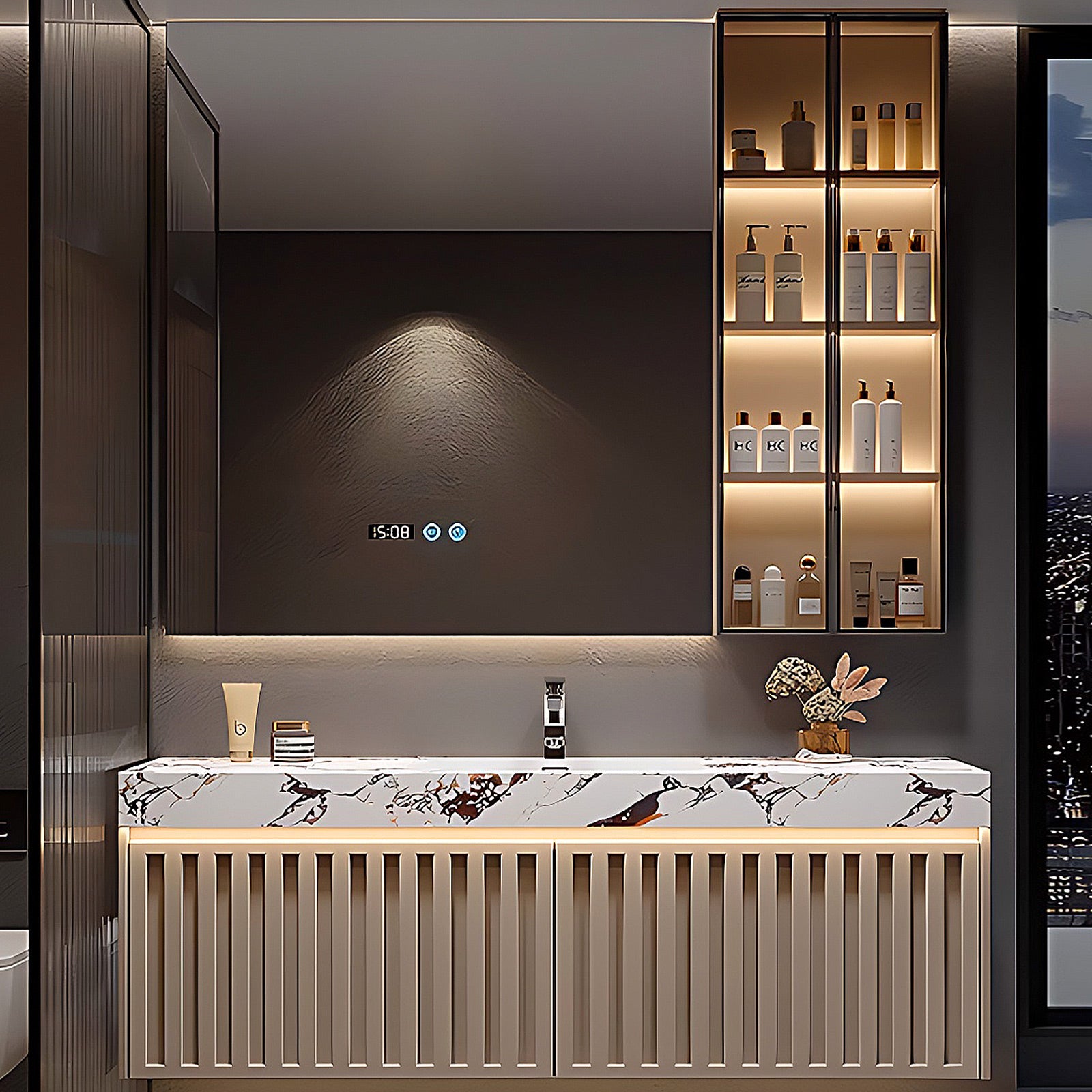 44"- 64" Luxury Modern Bathroom Vanity with Mirrored Sideboards Sinks